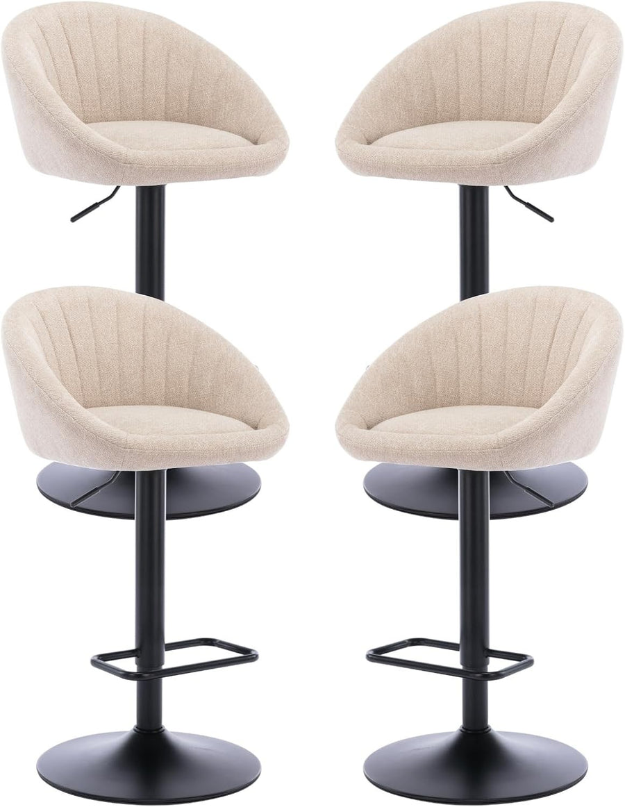 Set of 4 Beige Linen Bar Stools Adjustable Swivel Counter Chairs