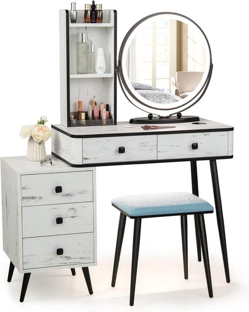Vanity Desk Set w/LED Mirror & 3-Color Light, Charging Station, 2 Drawers, White
