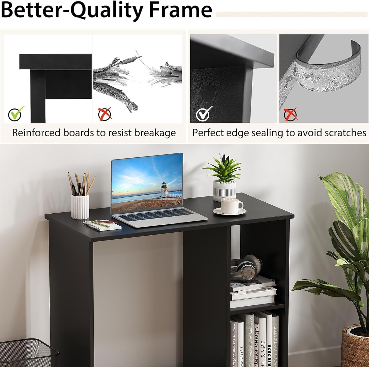 Compact Computer Desk with Shelves Small Space Home Office Laptop  Black