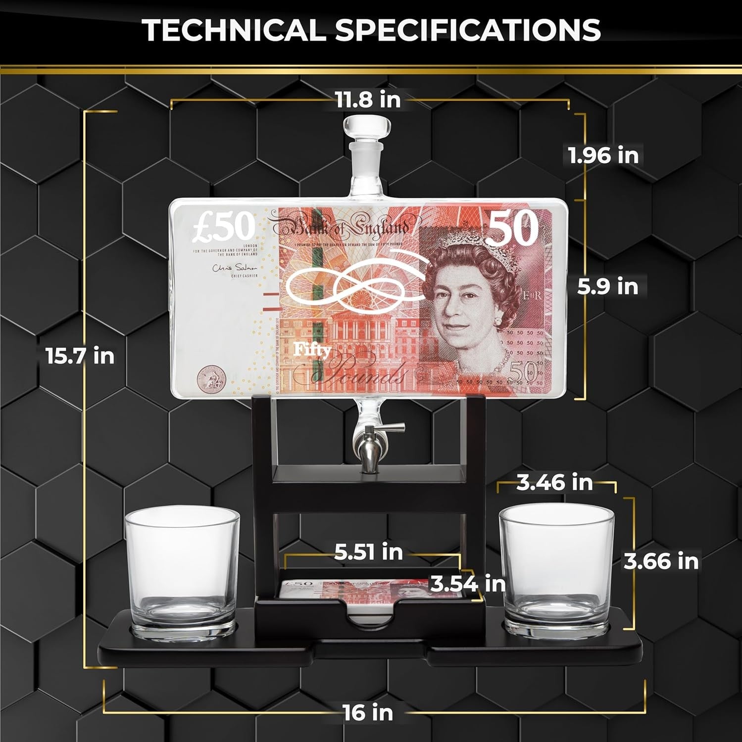 50 Pound Note Whiskey Decanter Set with Glasses Novelty Liquor Dispenser Gift