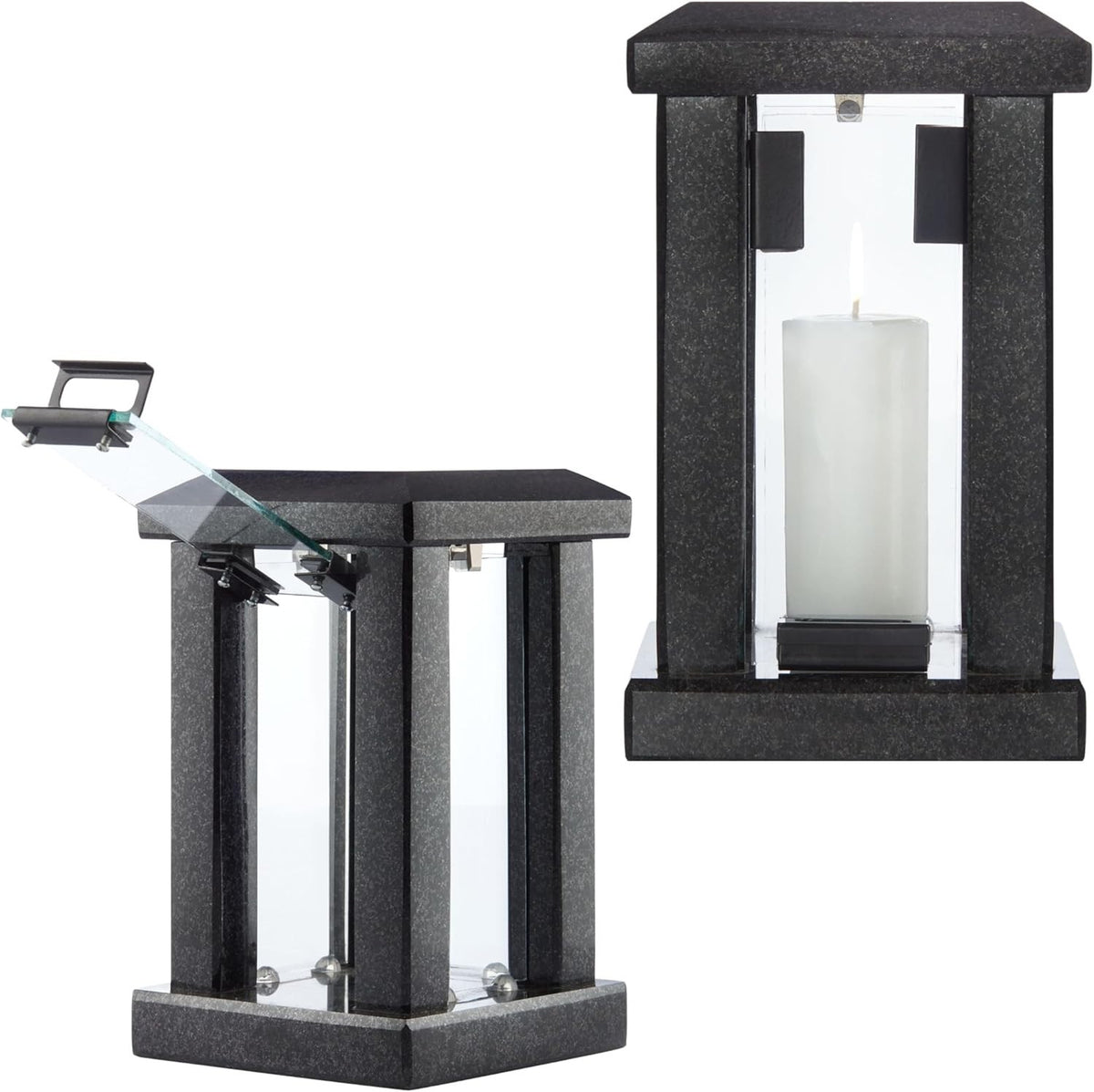 Large Black Granite Candle Lantern 32cm Square Polished Decor