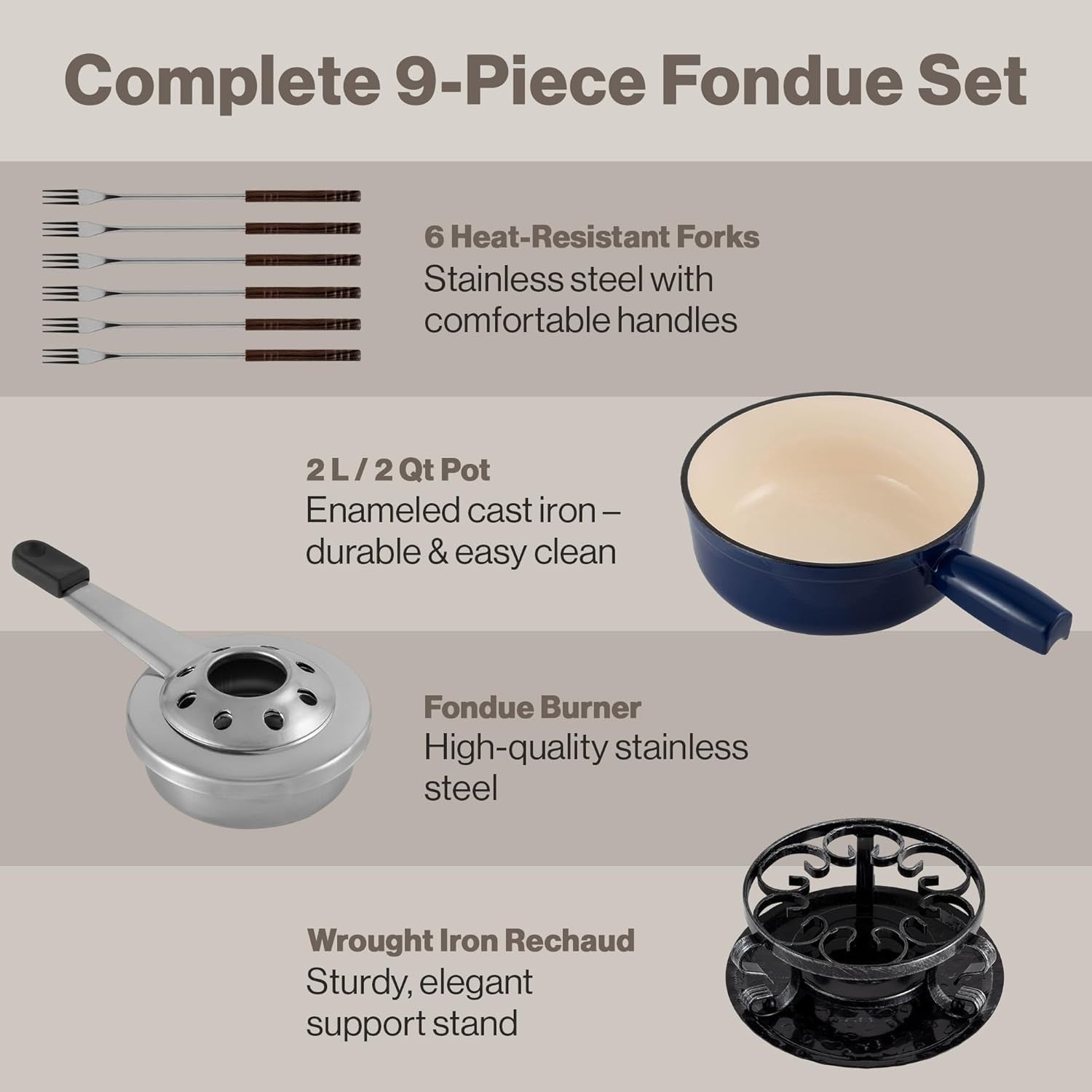 Cast Iron Cheese Fondue Set 9 Piece 2L Deep Blue Chocolate Pot