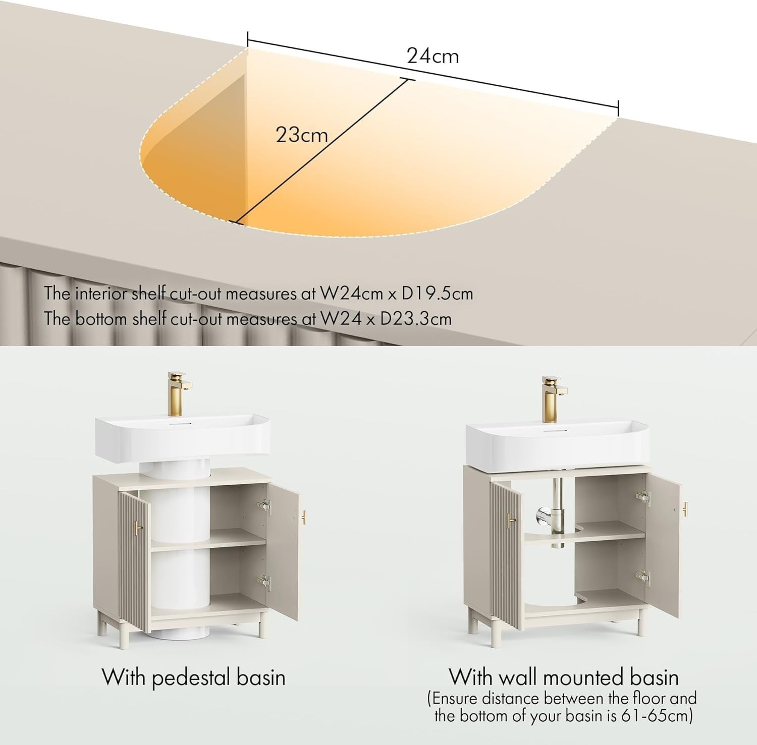Stone Under Sink Bathroom Cabinet with Shelf Storage 60x30x60cm