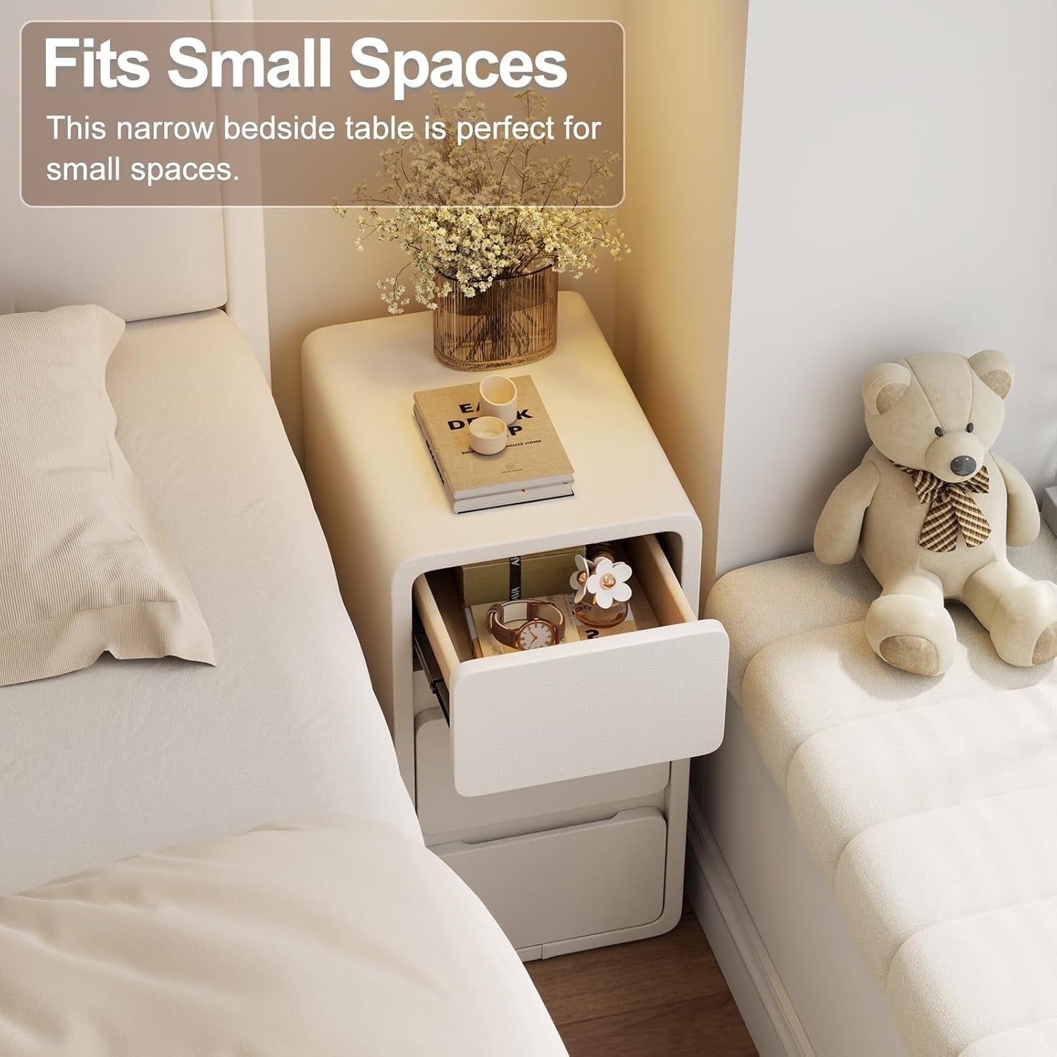 Slim White Bedside Table with 3 Drawers, Narrow Leather-Finish Nightstand