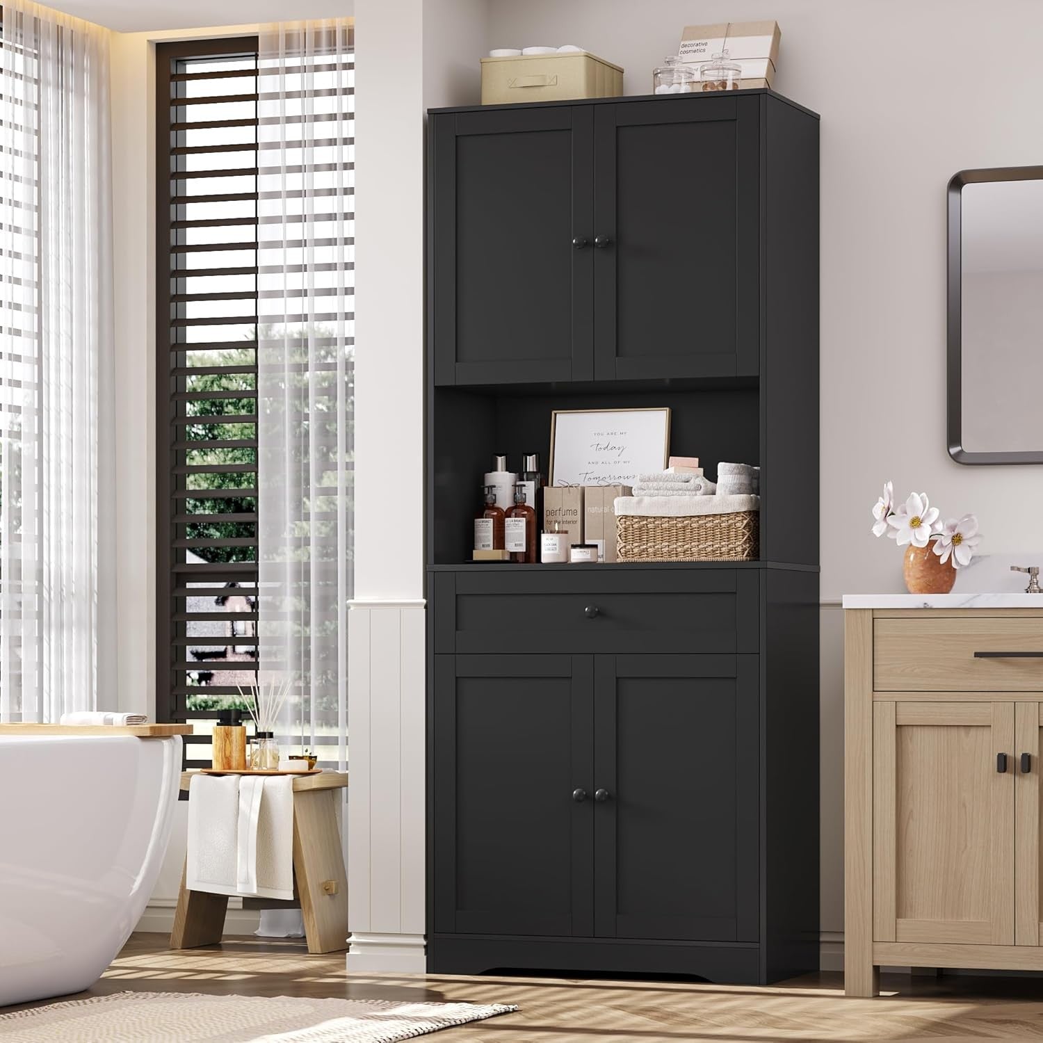 Tall Black Kitchen Cabinet Cupboard with Countertop & Adjustable Shelves