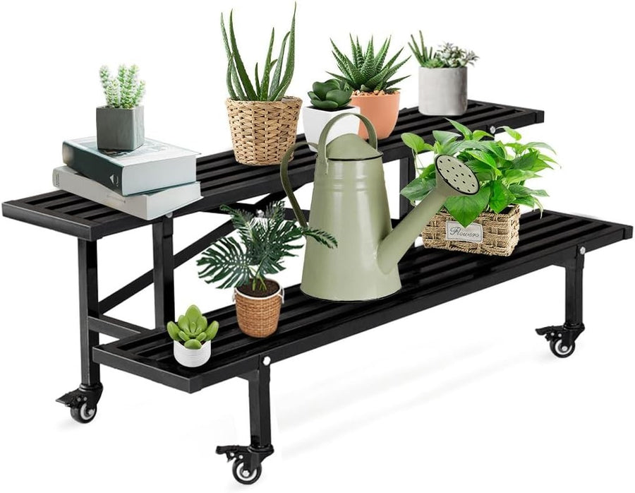 2 Tier Metal Plant Stand with Wheels | Indoor Outdoor Rolling Flower Shelf Rack