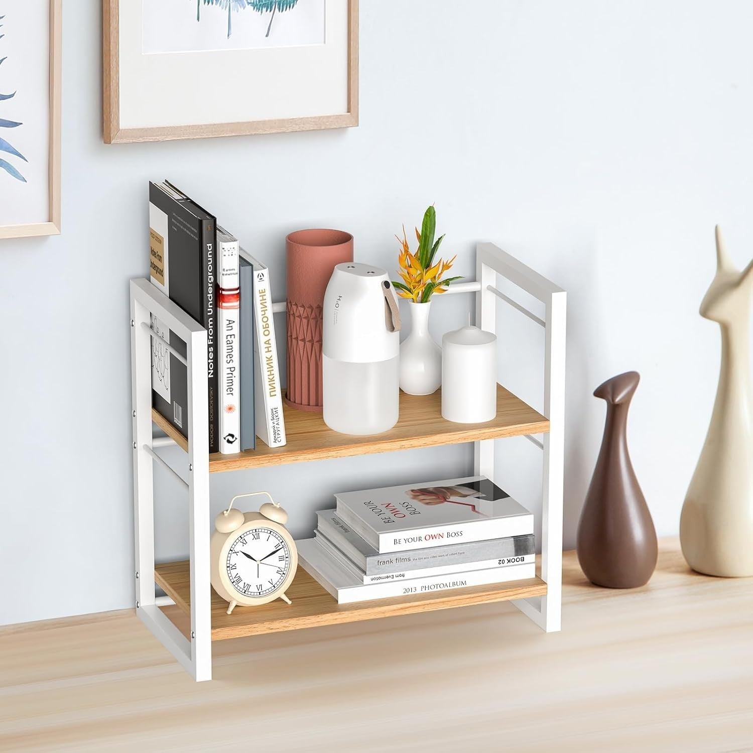 Wood Desk Shelf Organizer 2 Tier Desktop Storage Rack for Office Home White