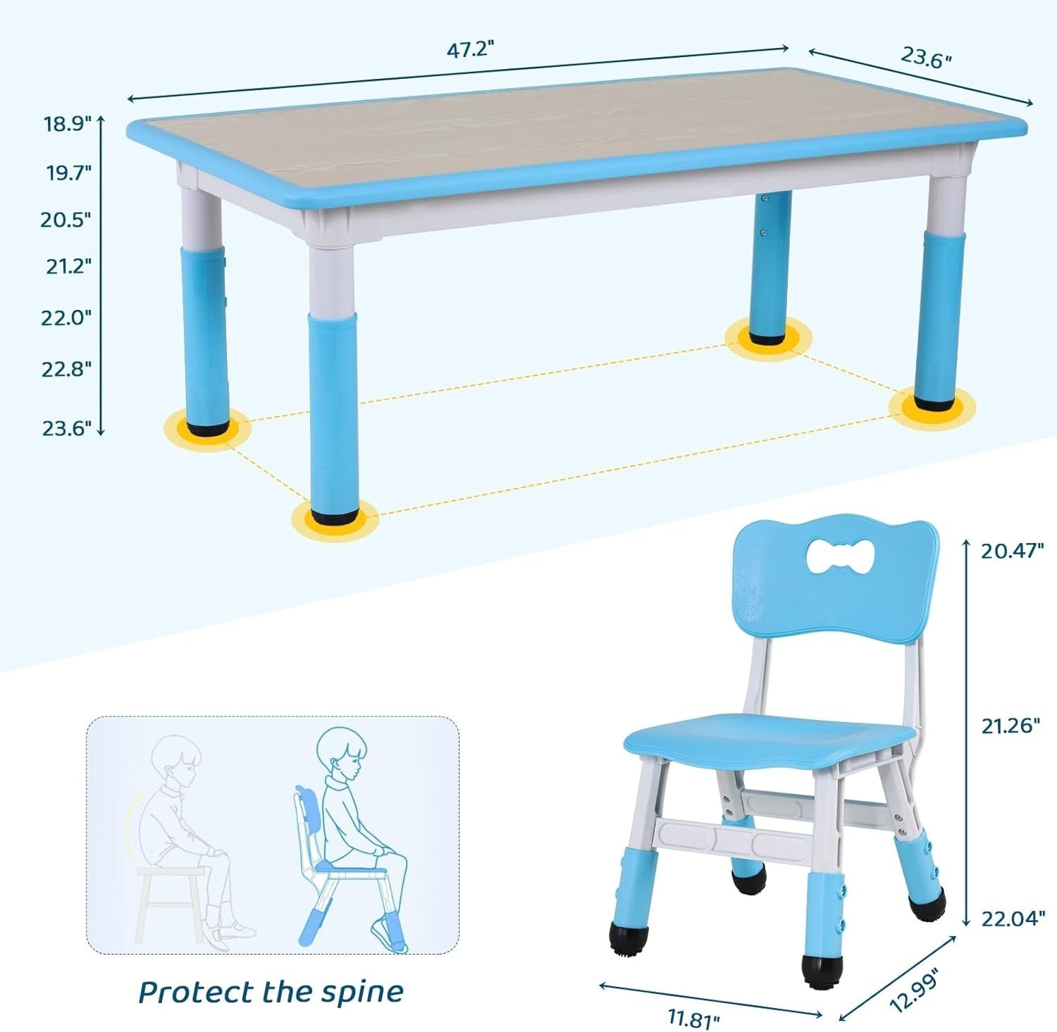 Kids Table and 4 Chairs Set Adjustable Height Study Play Dining Furniture Blue