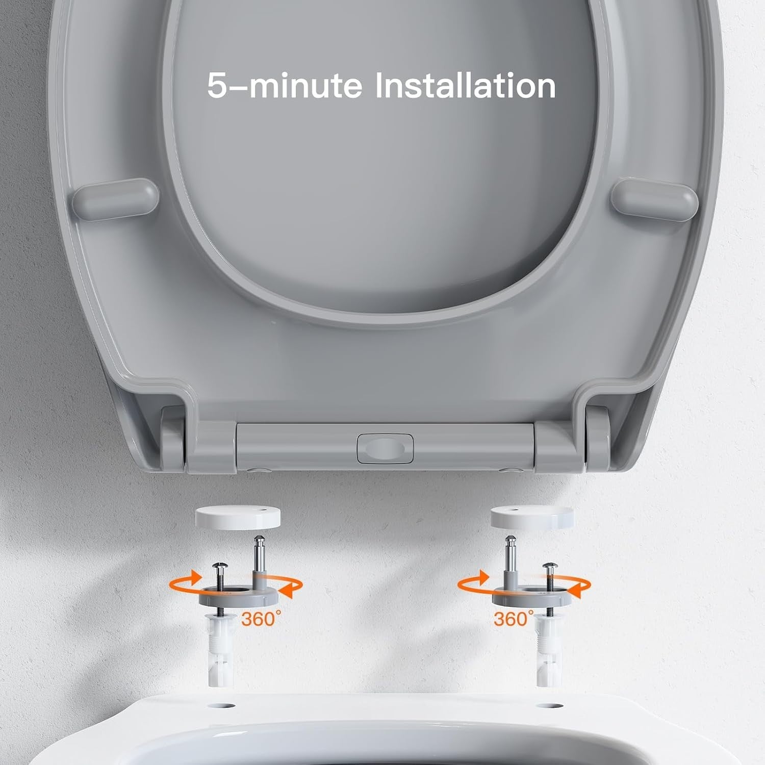 Soft Close Toilet Seat Top Fixing O Shape Grey Adjustable Hinges 44x37cm