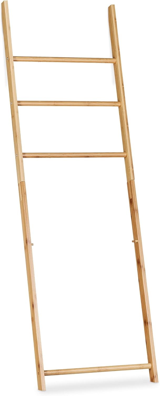 Bamboo Towel Rack with Laundry Basket – Freestanding 4-Rail Ladder Holder 139cm