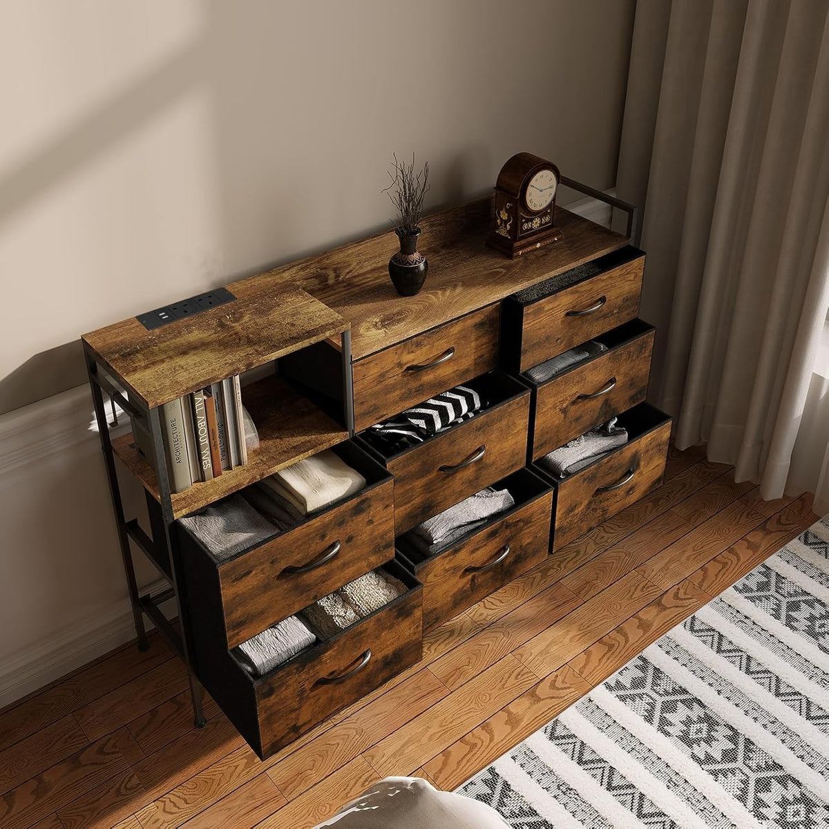 8 Drawer Fabric Chest with USB & Power Ports Vintage Wood Storage Cabinet