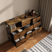 8 Drawer Fabric Chest with USB & Power Ports Vintage Wood Storage Cabinet
