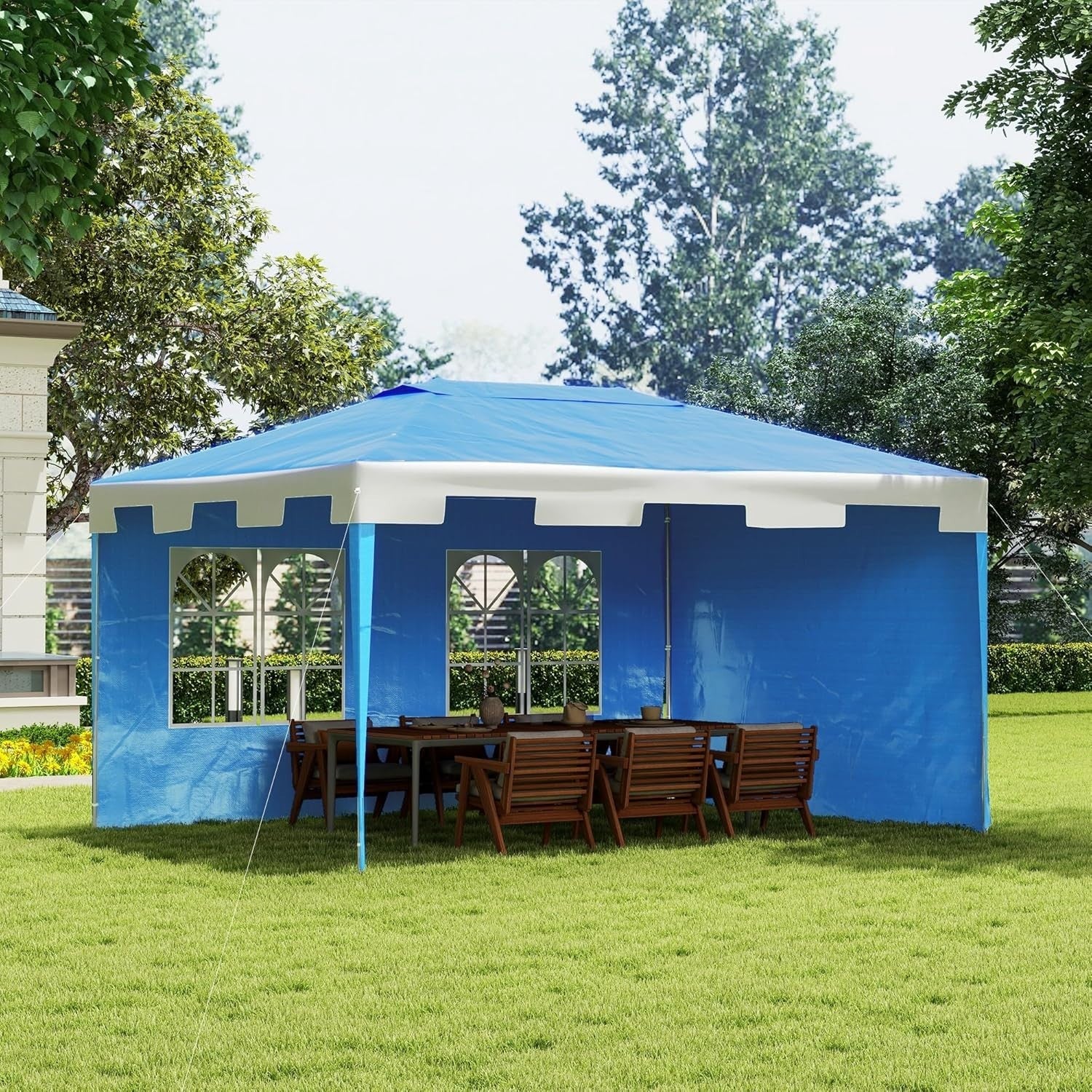 3x4m Garden Gazebo Party Tent w/ 2 Sidewalls Blue Steel Frame Outdoor