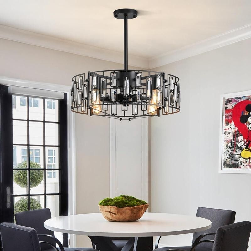 Crystal Ceiling Fan Light Flush Mount Remote App Control 6-Speed E27 Black