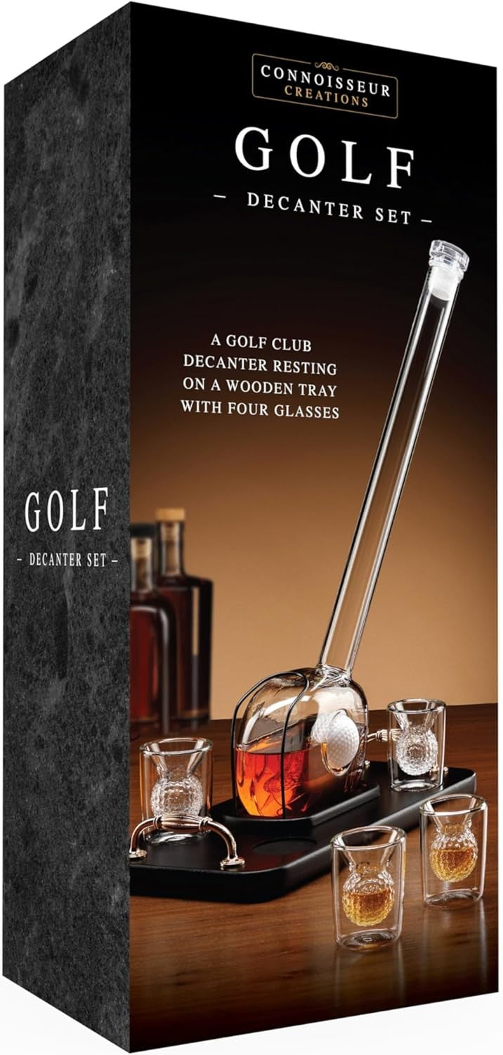 Luxury Golf Club Decanter Set with 4 Ball Glasses & Wood Base 750ml Gift
