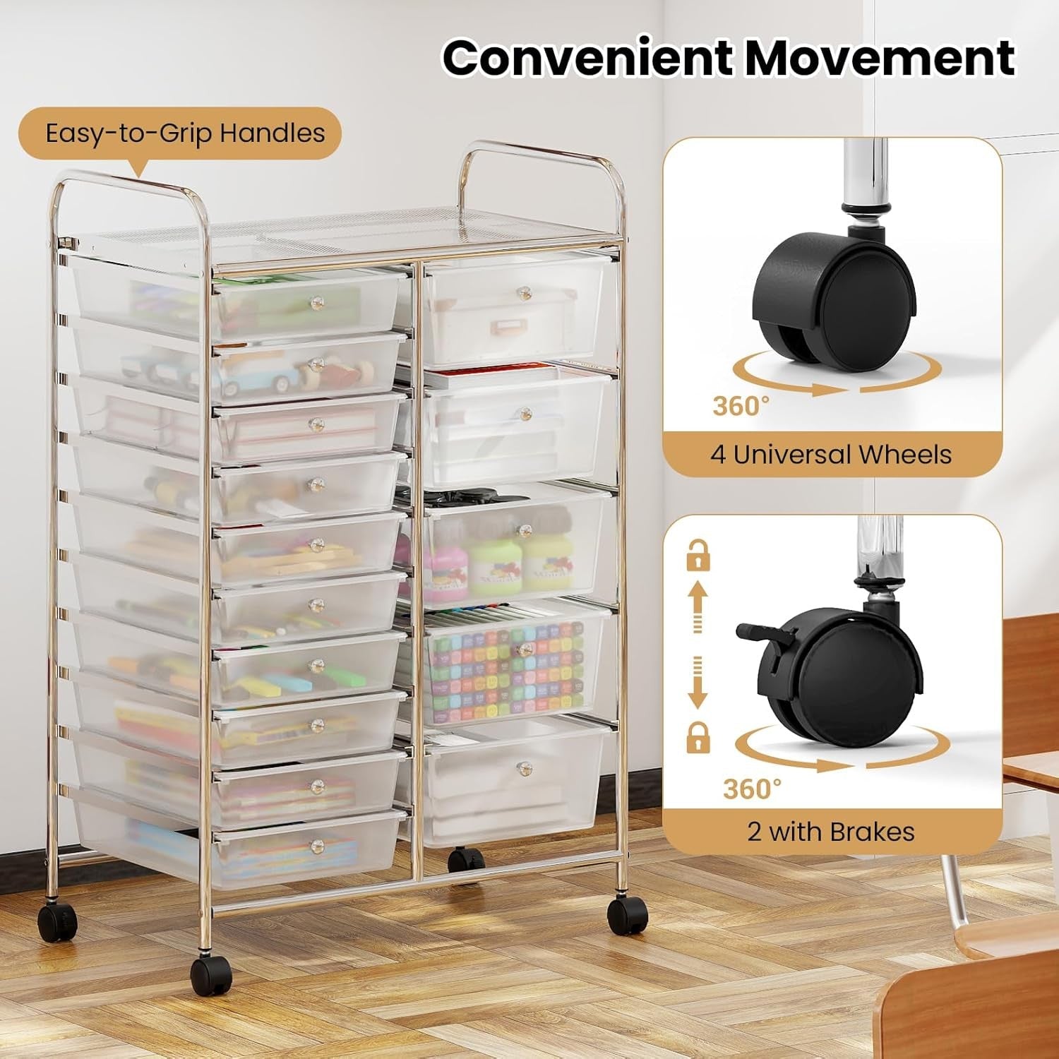 15 Drawer Storage Trolley Mobile Organizer Rolling Cart Lockable Wheels Clear