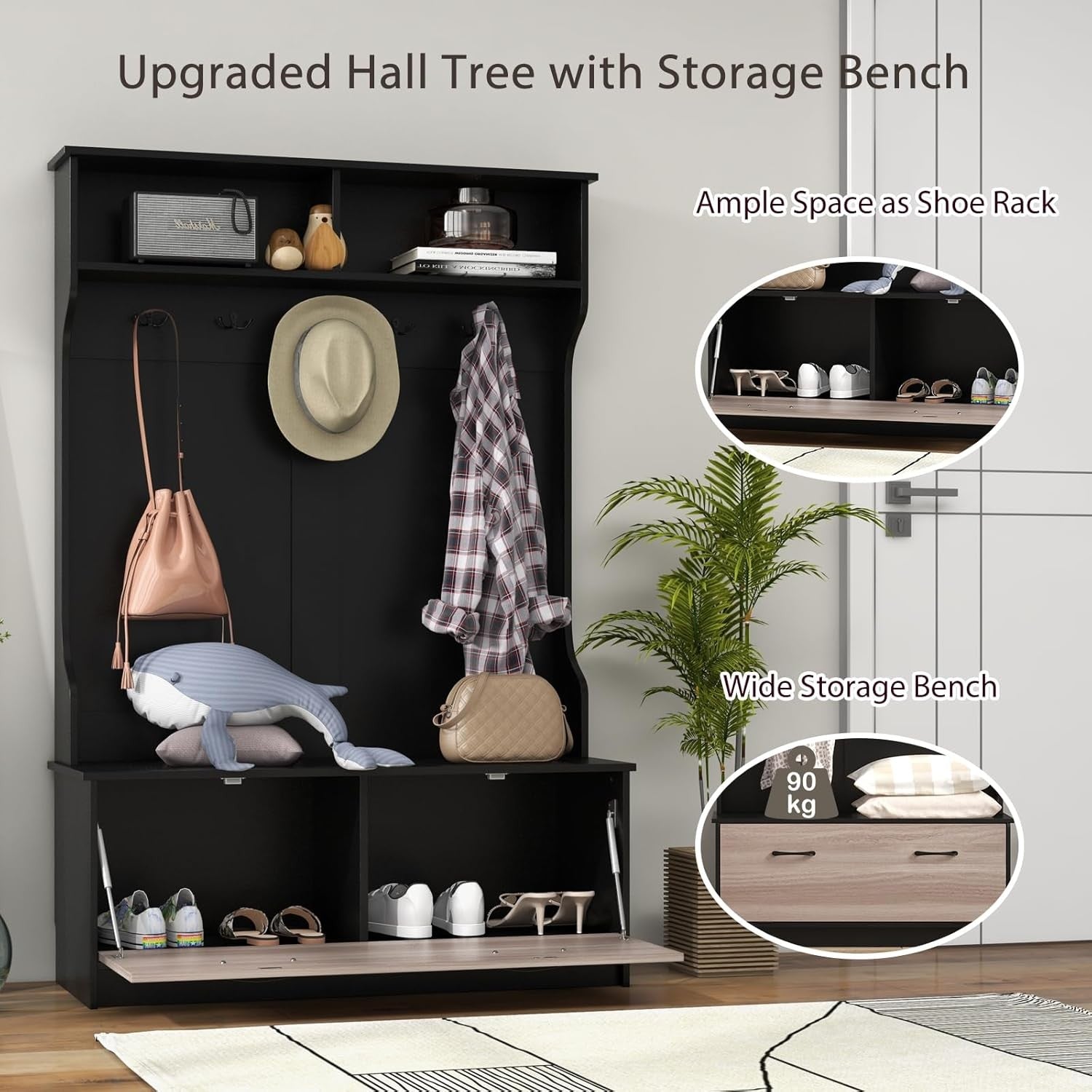 Black Hall Tree Coat Rack with Shoe Bench & Shelves Freestanding Entryway Unit