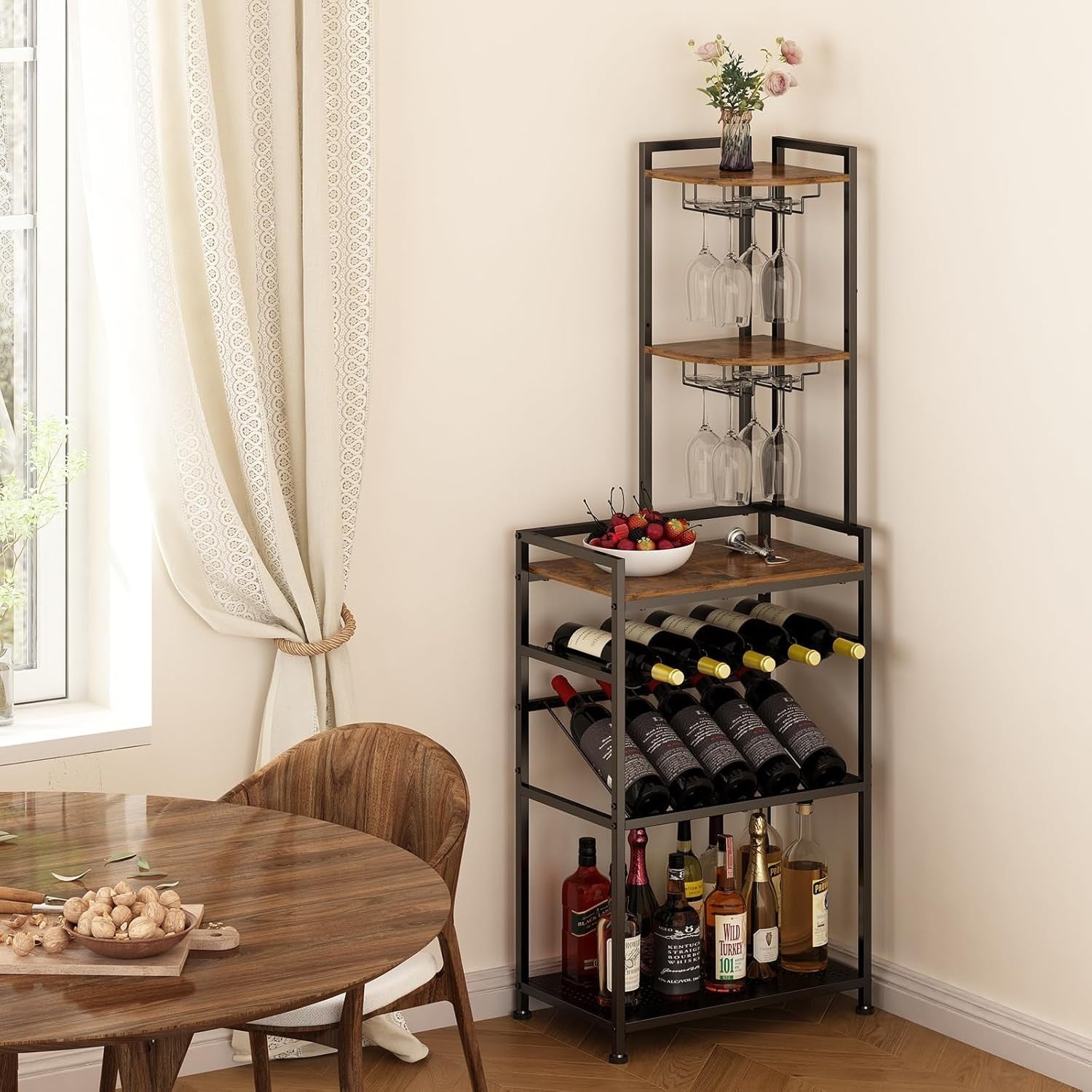 Corner Wine Rack Freestanding Bar Cabinet 6-Tier Bottle & Glass Holder