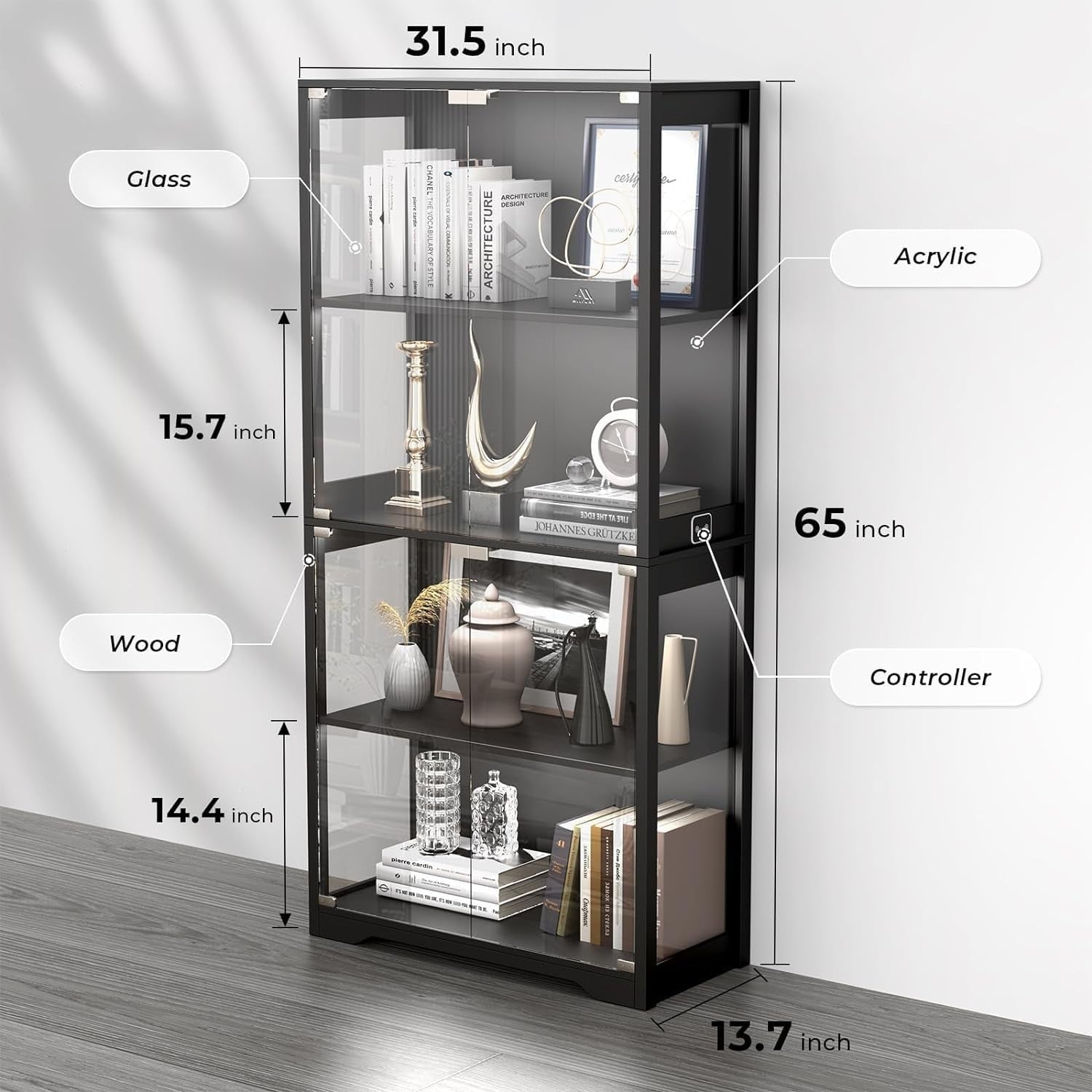 LED Display Cabinet with 3-Color Lights, Glass Doors & 4-Tier Storage – 80x36x16