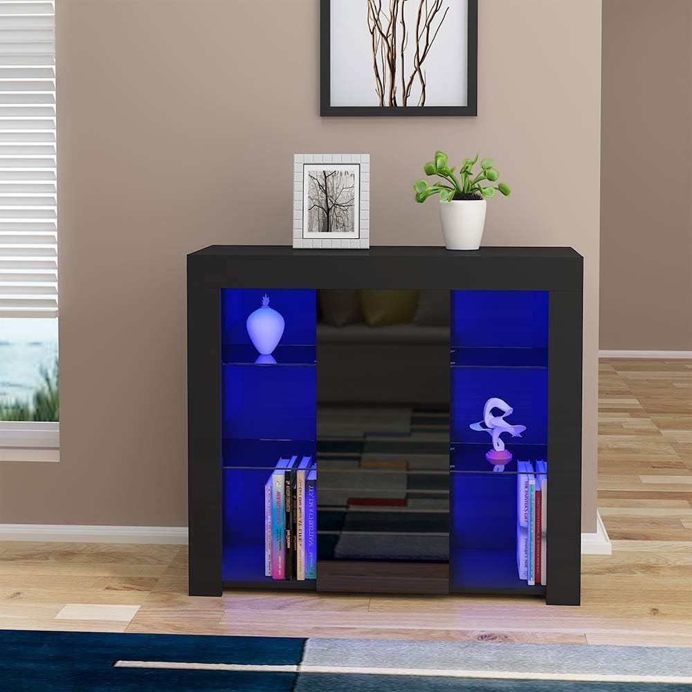 Modern LED Sideboard Display Cabinet Glass Shelves Storage Unit Black