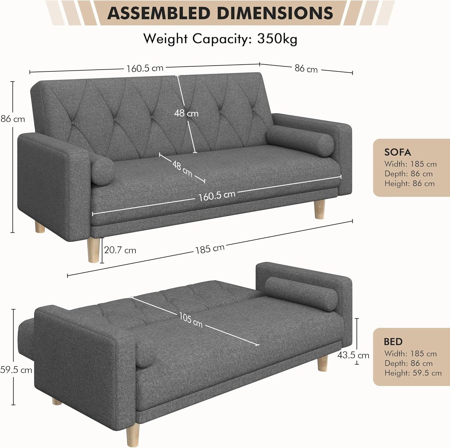 Dark Grey 3 Seater Sofa Bed Click Clack Modern Couch with Pillows Small Space