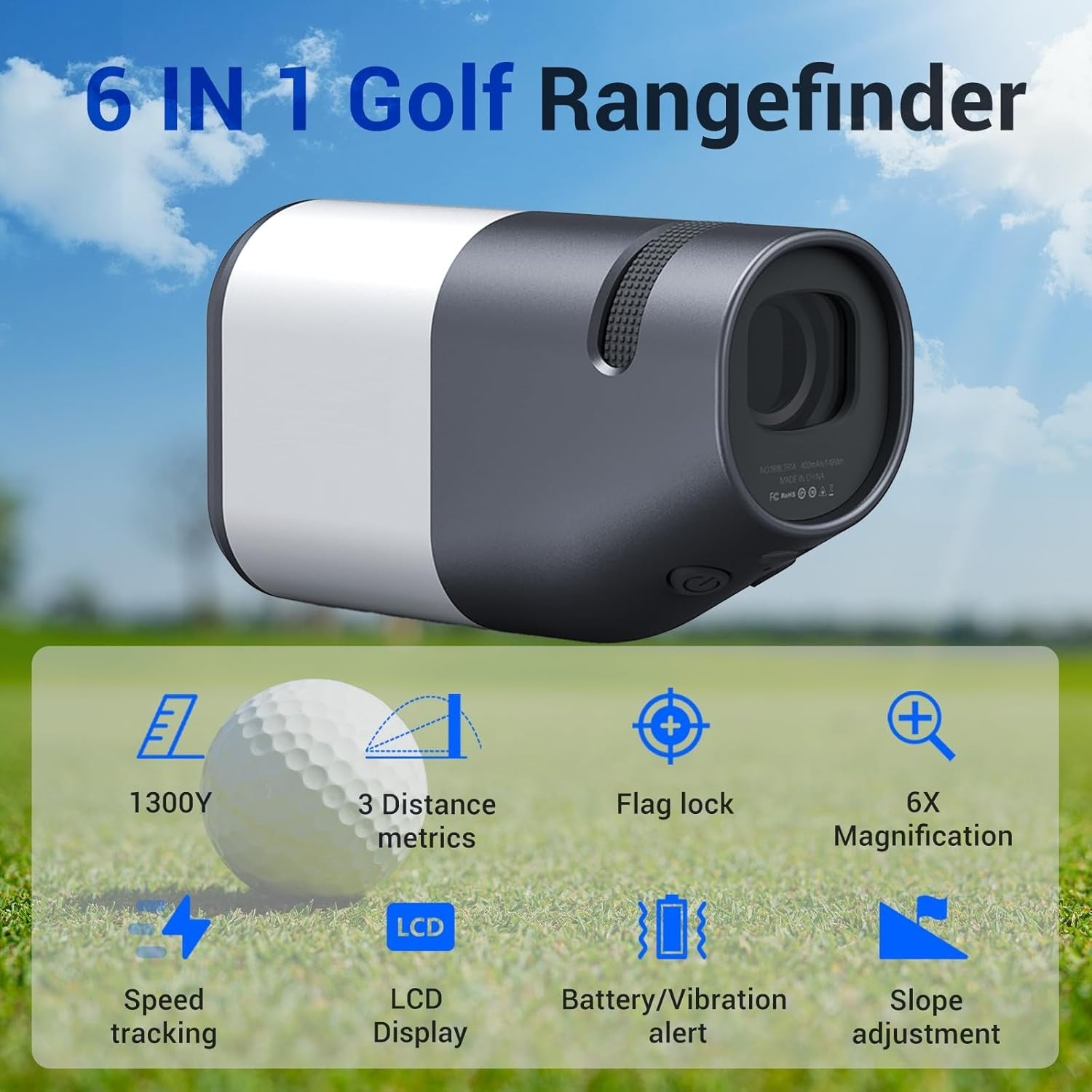 Golf Laser Rangefinder with Slope 1300Y 6X Flag Lock Vibration LCD