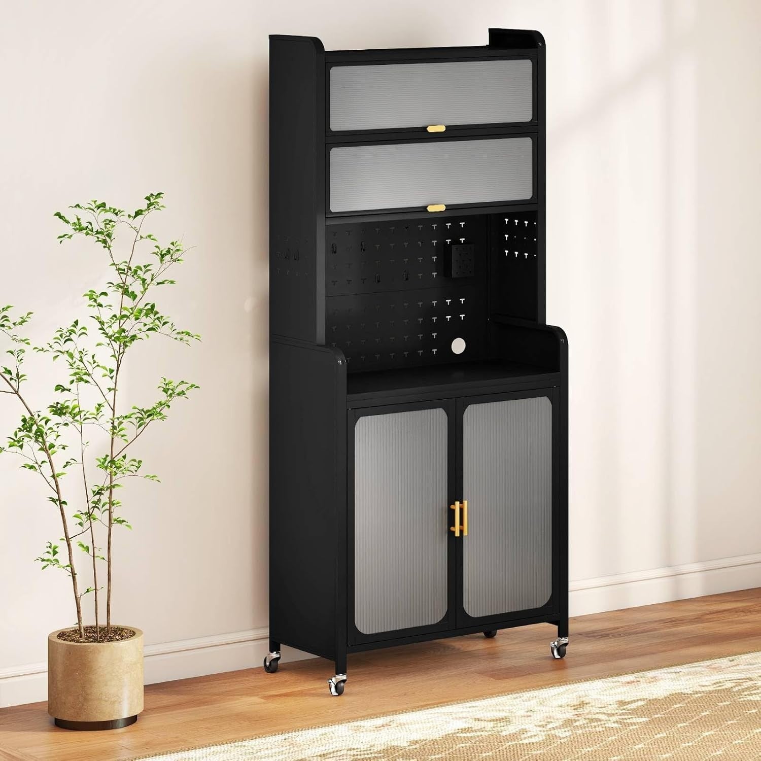 79x37x192cm Black 6-Tier Rolling Kitchen Cabinet with Flip Doors & Wheels