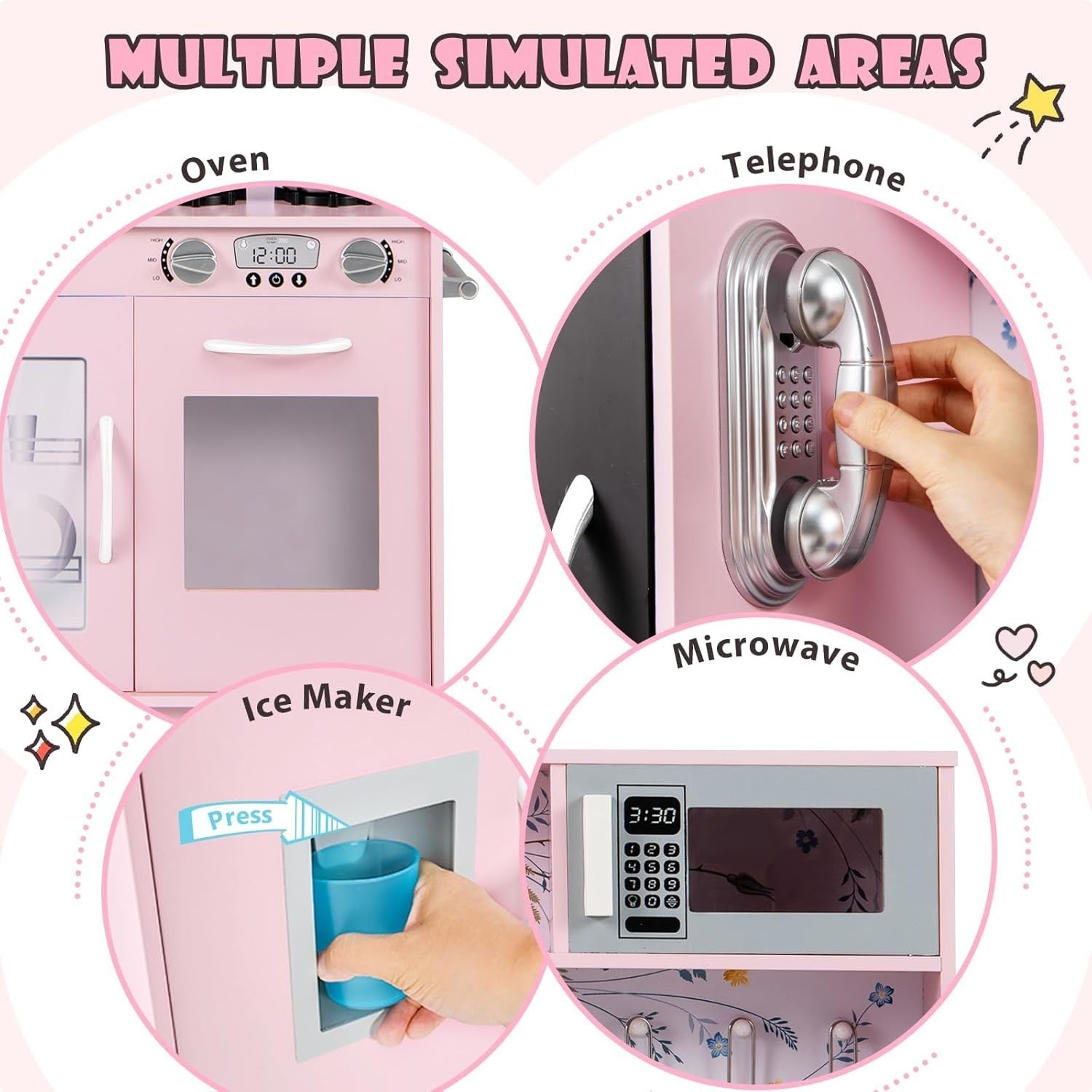 Kids Wooden Play Kitchen Blackboard Microwave Ice Maker Pink Toy