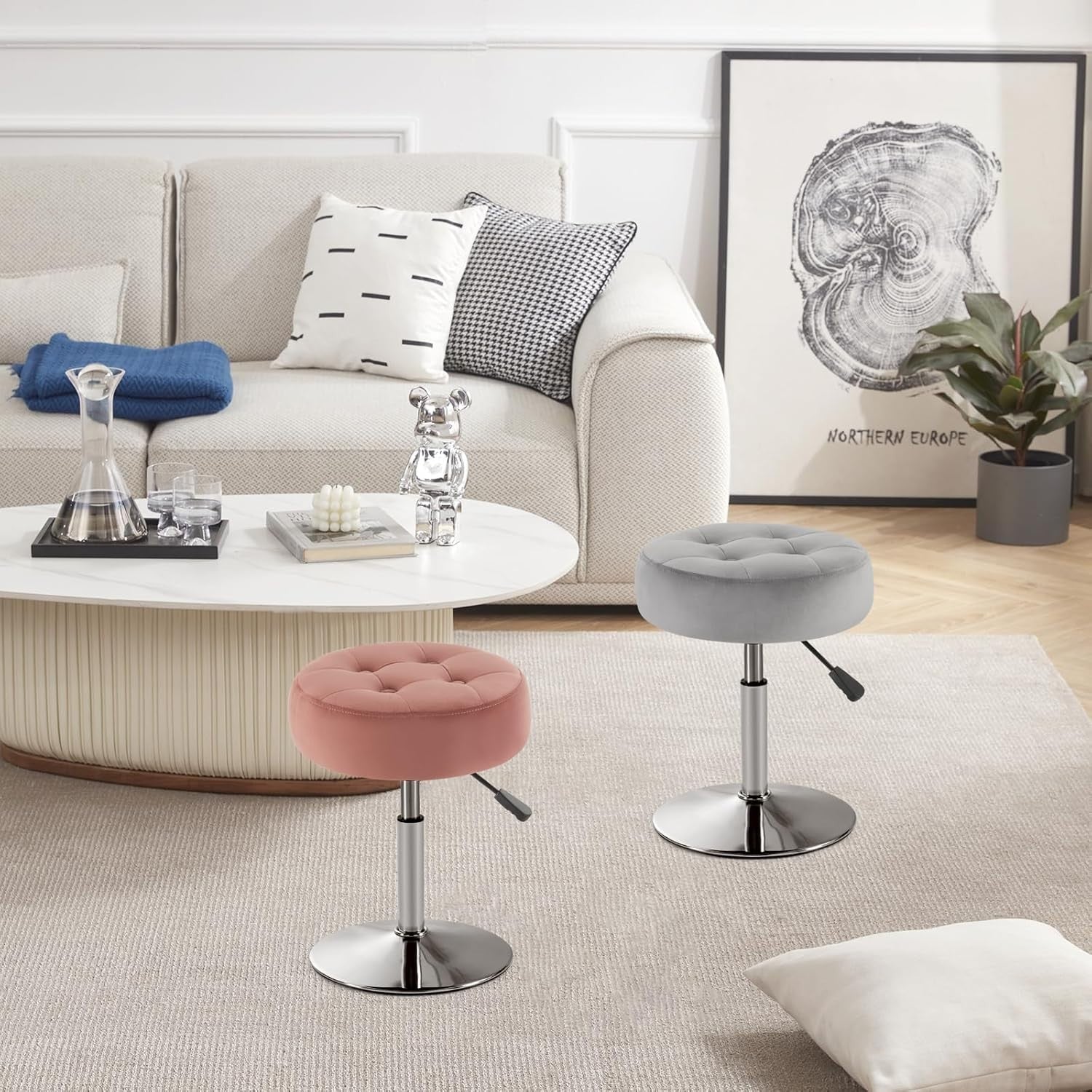 Pink Velvet Swivel Vanity Stool – Adjustable Tufted Round Makeup Chair Chrome