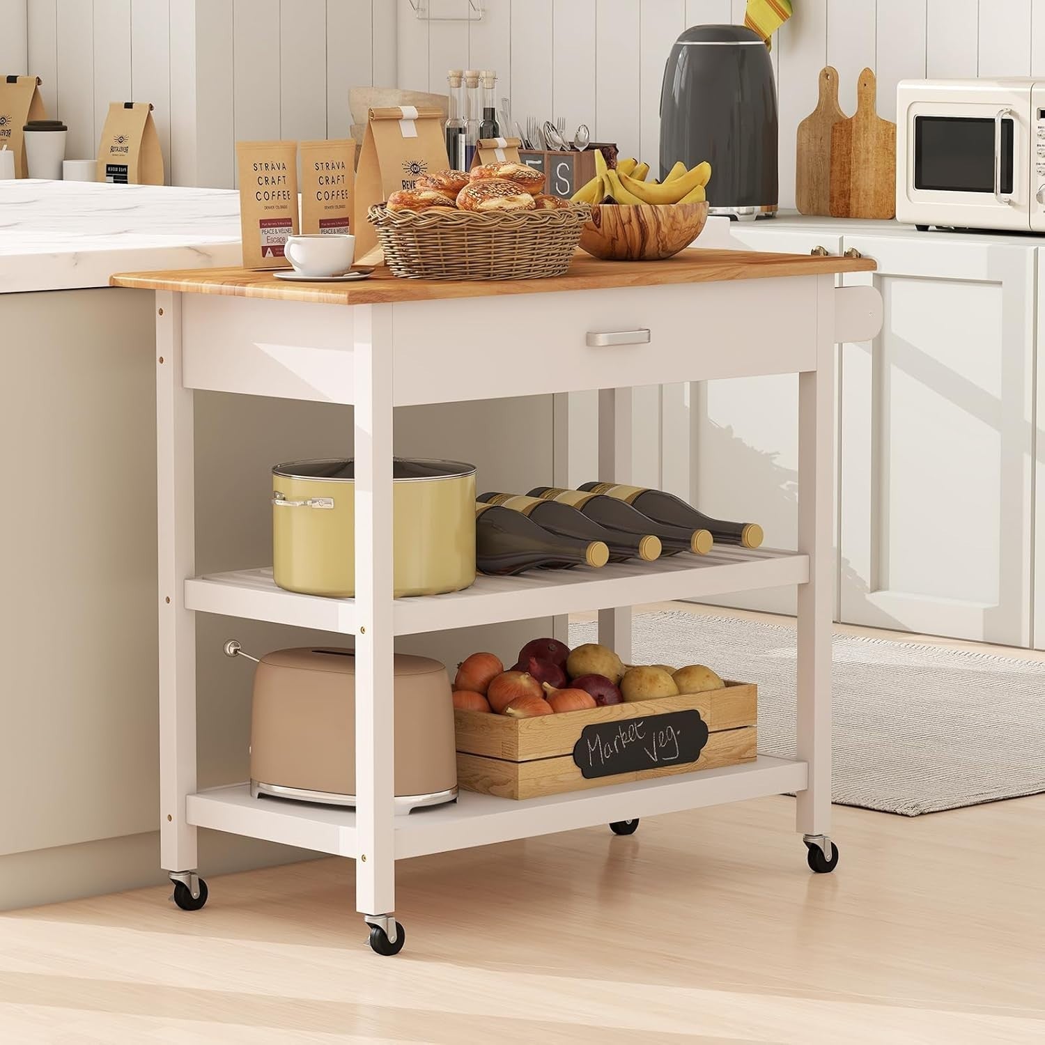 106cm Kitchen Island Cart Rubber Wood Top