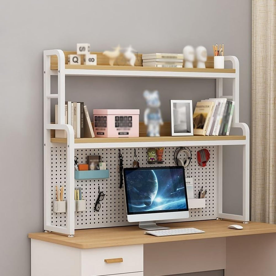 136cm White Desktop Bookshelf 2-Tier Desk Hutch Industrial Storage Organizer