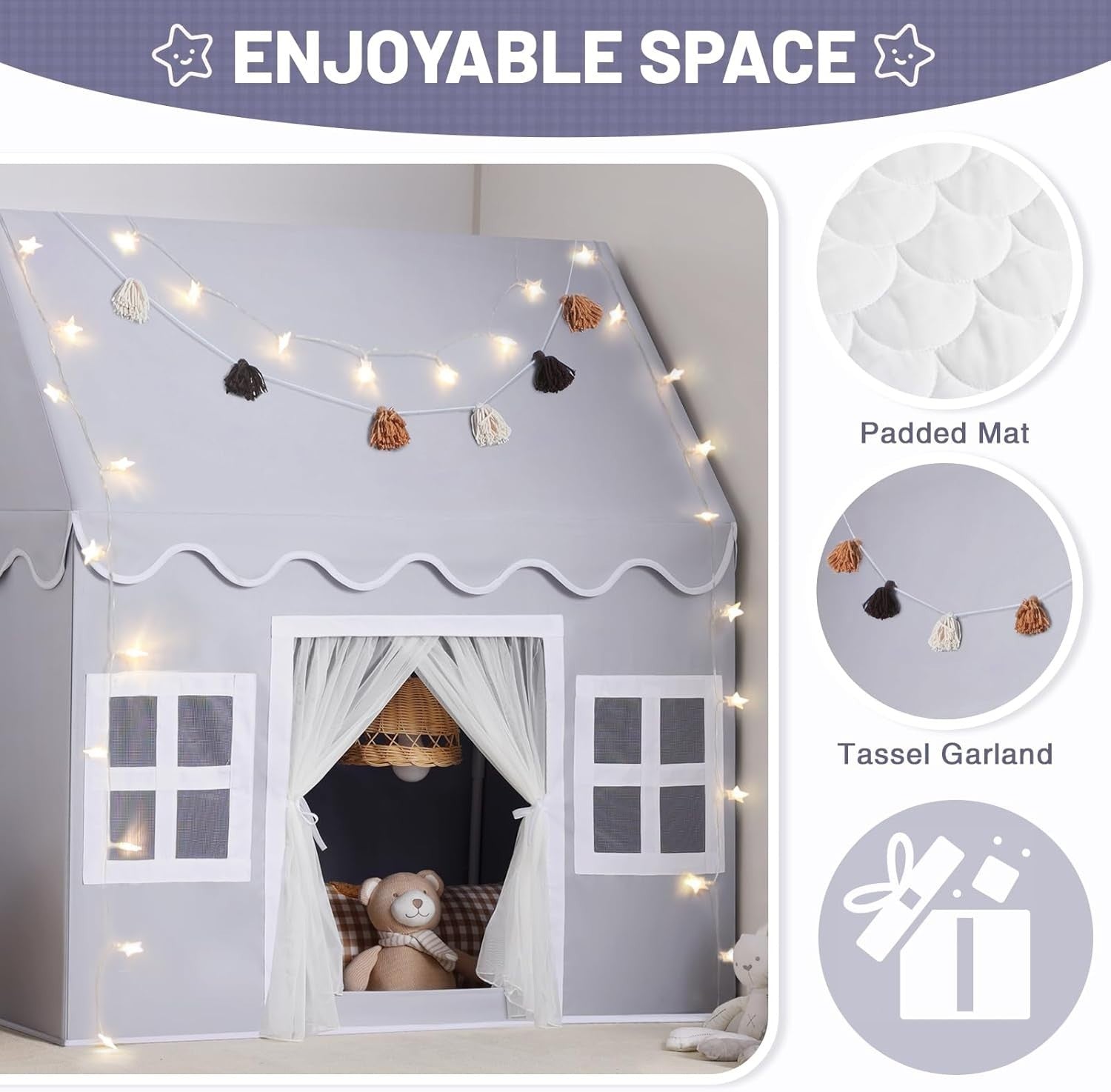 Kids Play Tent with Padded Mat Indoor Fairy Tale Playhouse Grey