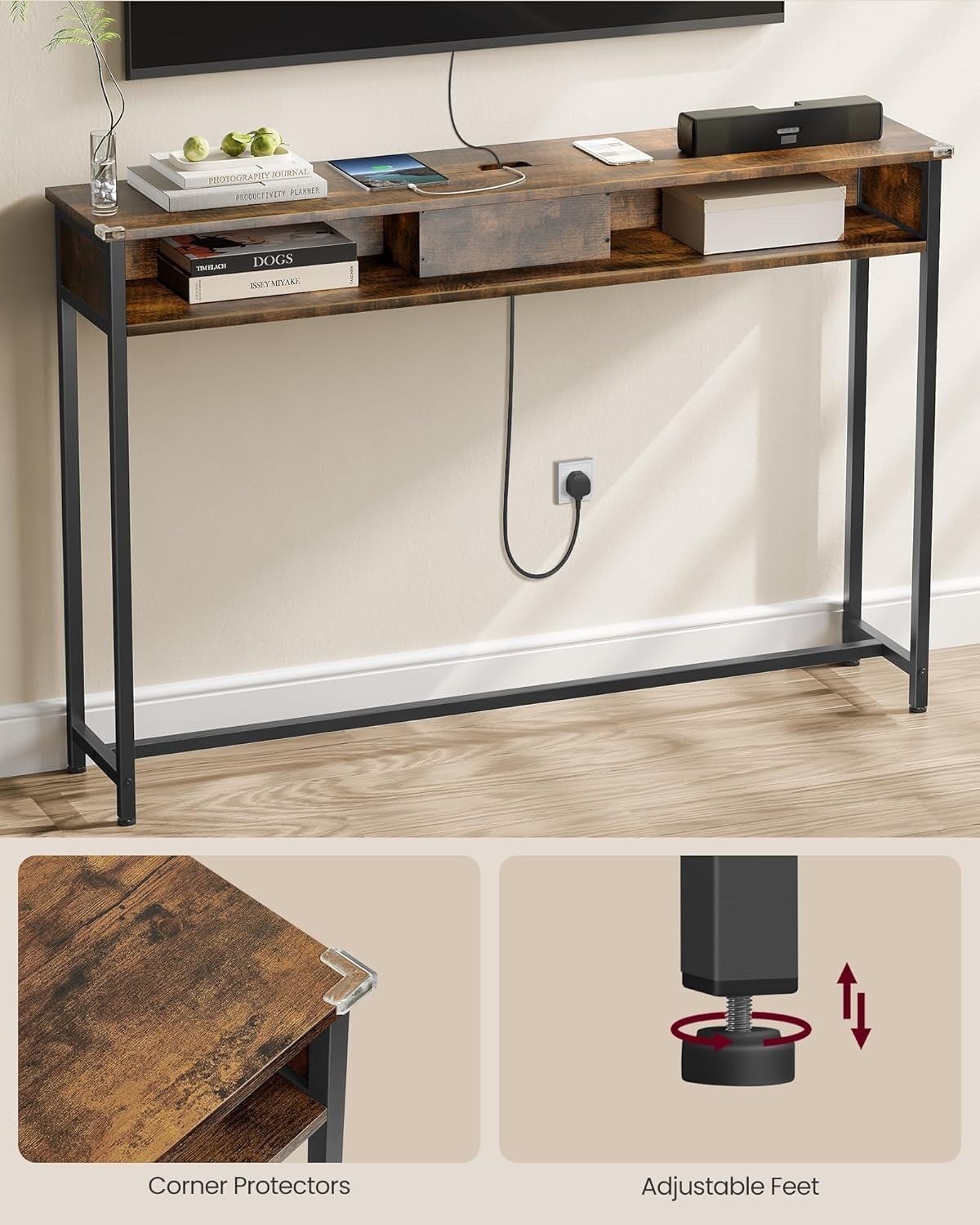 Slim Console Table with Charging Station, USB Ports, Rustic Brown, 120cm