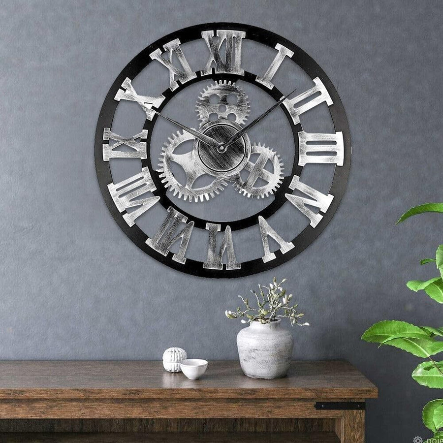 45cm Silver Roman Numeral Wall Clock Large Open Face Vintage Metal Silent Decor