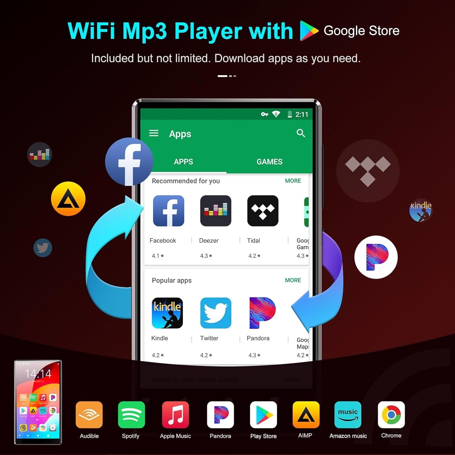 80GB MP3 Player WiFi Bluetooth 1080P Spotify FM Purple