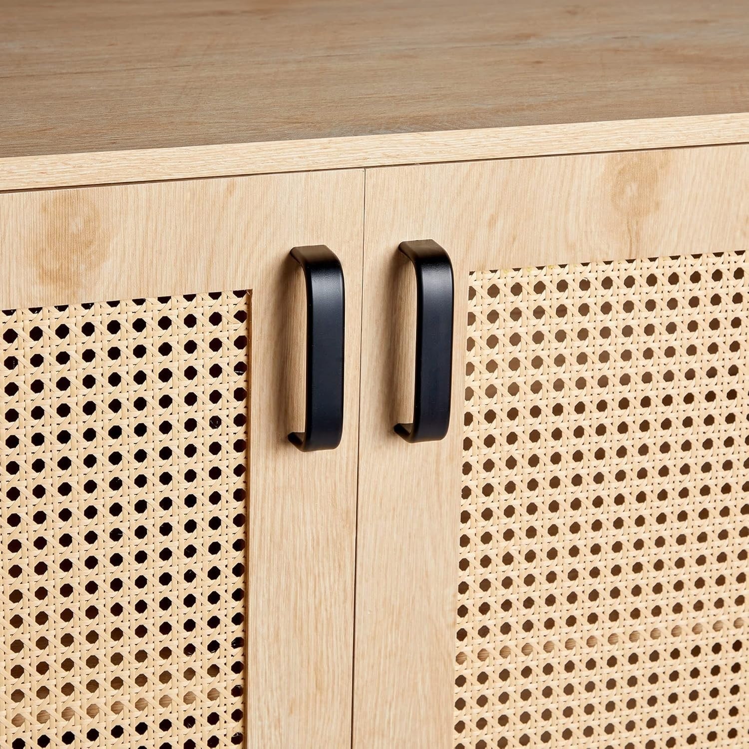 Scandi Rattan Sideboard Cabinet 3 Door Storage Unit Light Wood