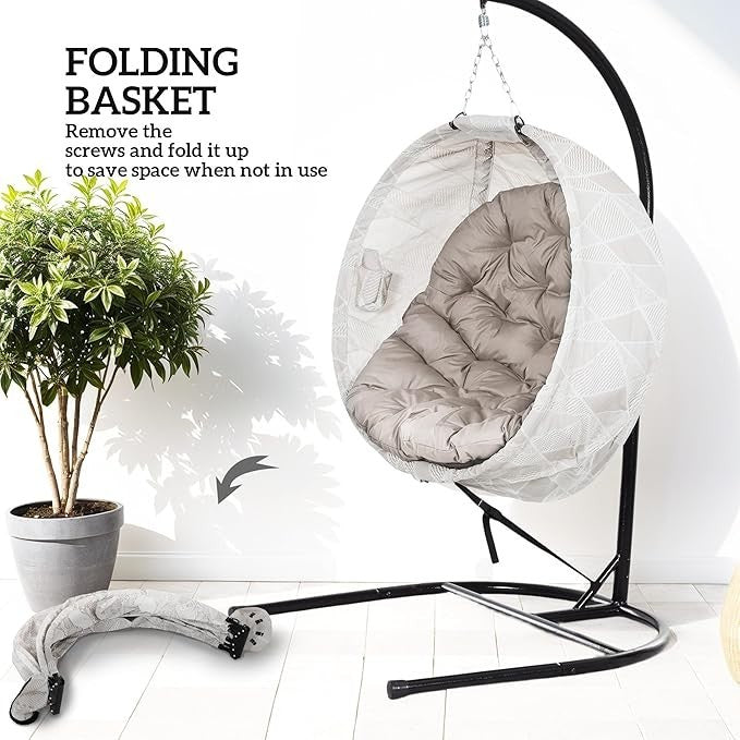 Luxury Garden Hanging Egg Chair with Stand, Folding Basket, Thick Cushion