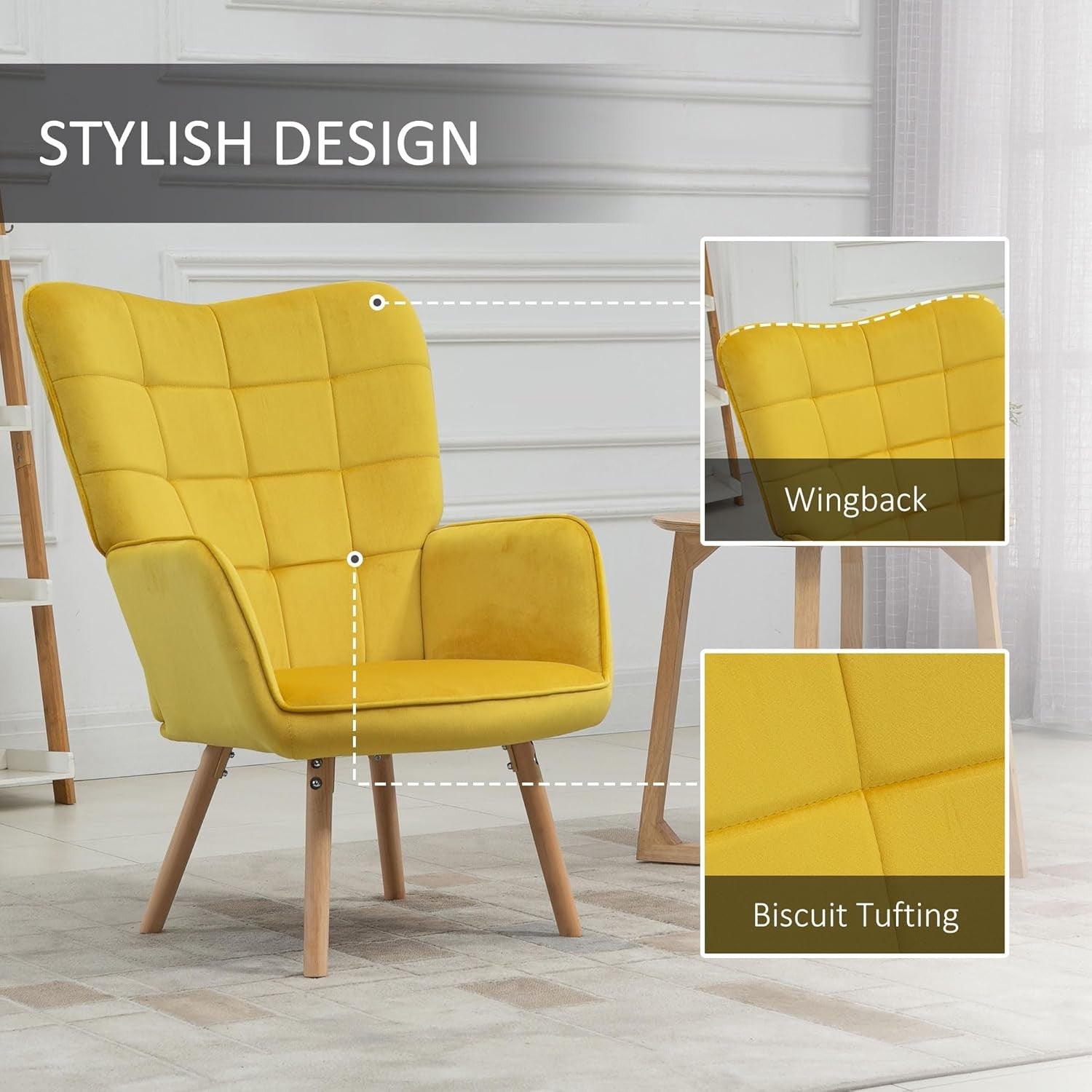 Yellow Velvet Wingback Accent Chair Tufted Lounge Armchair Wood Legs