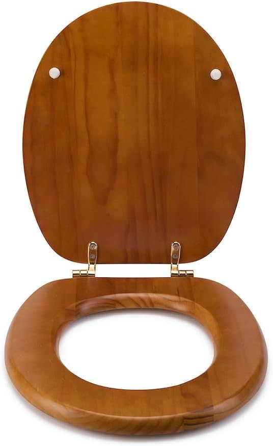 Antique Solid Pine Toilet Seat Oval Wood Adjustable Brass Hinges 48x38cm