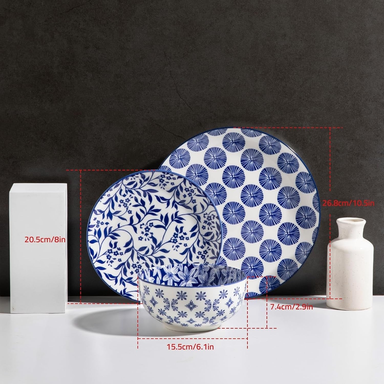 18pc Porcelain Dinnerware Set Blue White Plates Bowls Service for 6