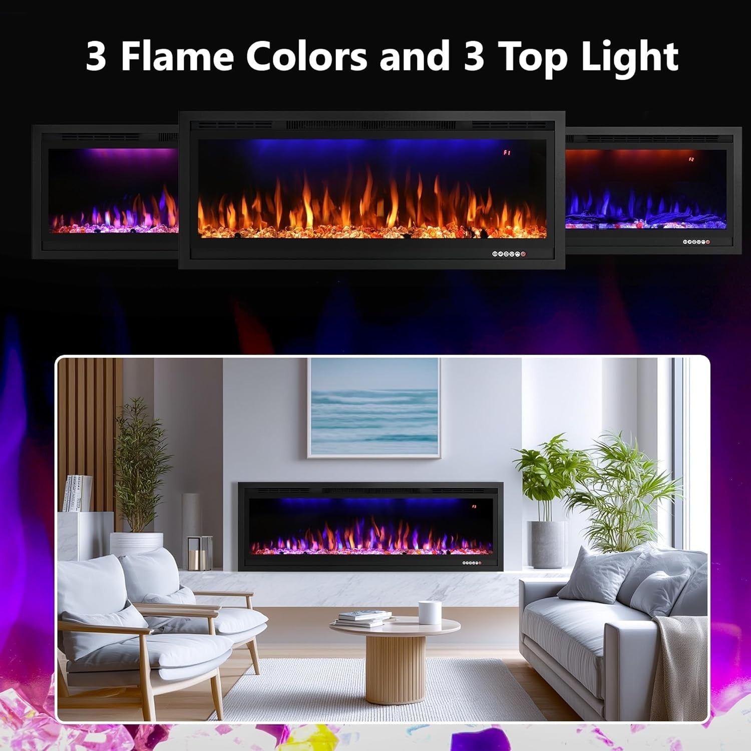 50in WiFi Electric Fireplace Wall Insert Heater App Control 3 Flame LED