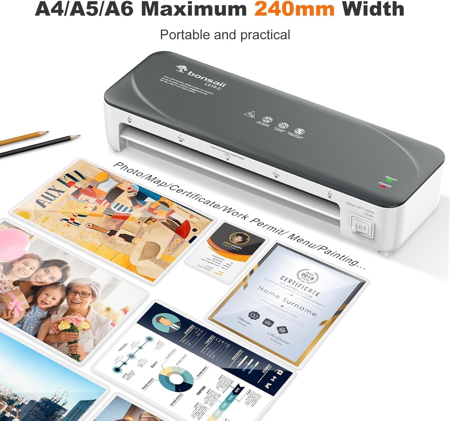 A4 Laminator Machine Dual Heat Never Jam Fast Lamination 230mm
