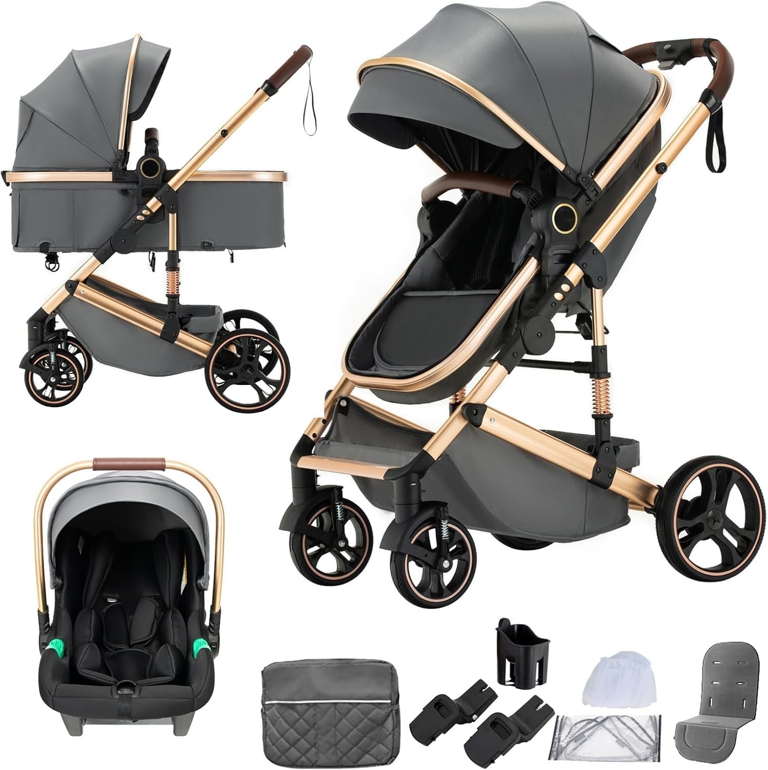 Dark Grey 3in1 Baby Pram Pushchair One-Touch Fold Travel System 22kg
