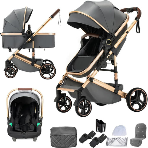 Dark Grey 3in1 Baby Pram Pushchair One-Touch Fold Travel System 22kg