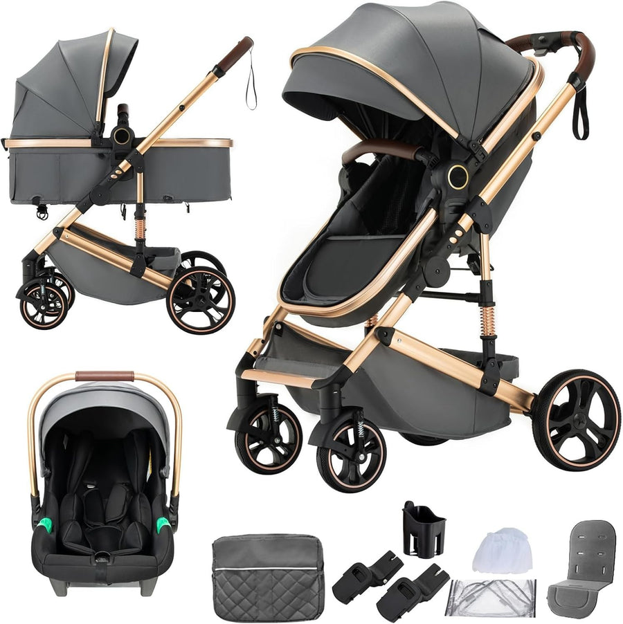 Dark Grey 3in1 Baby Pram Pushchair One-Touch Fold Travel System 22kg