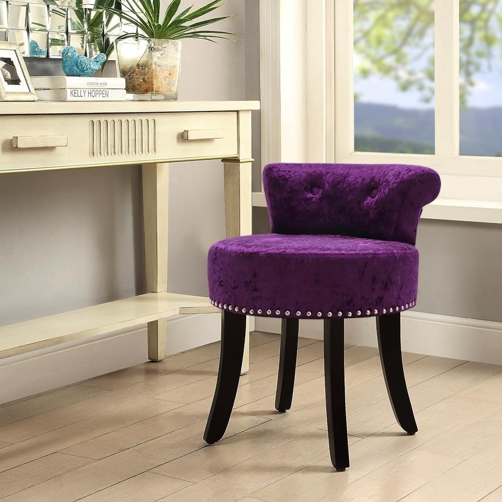 Purple Velvet High-Back Vanity Stool with Solid Wood Legs – Dressing Table Chair