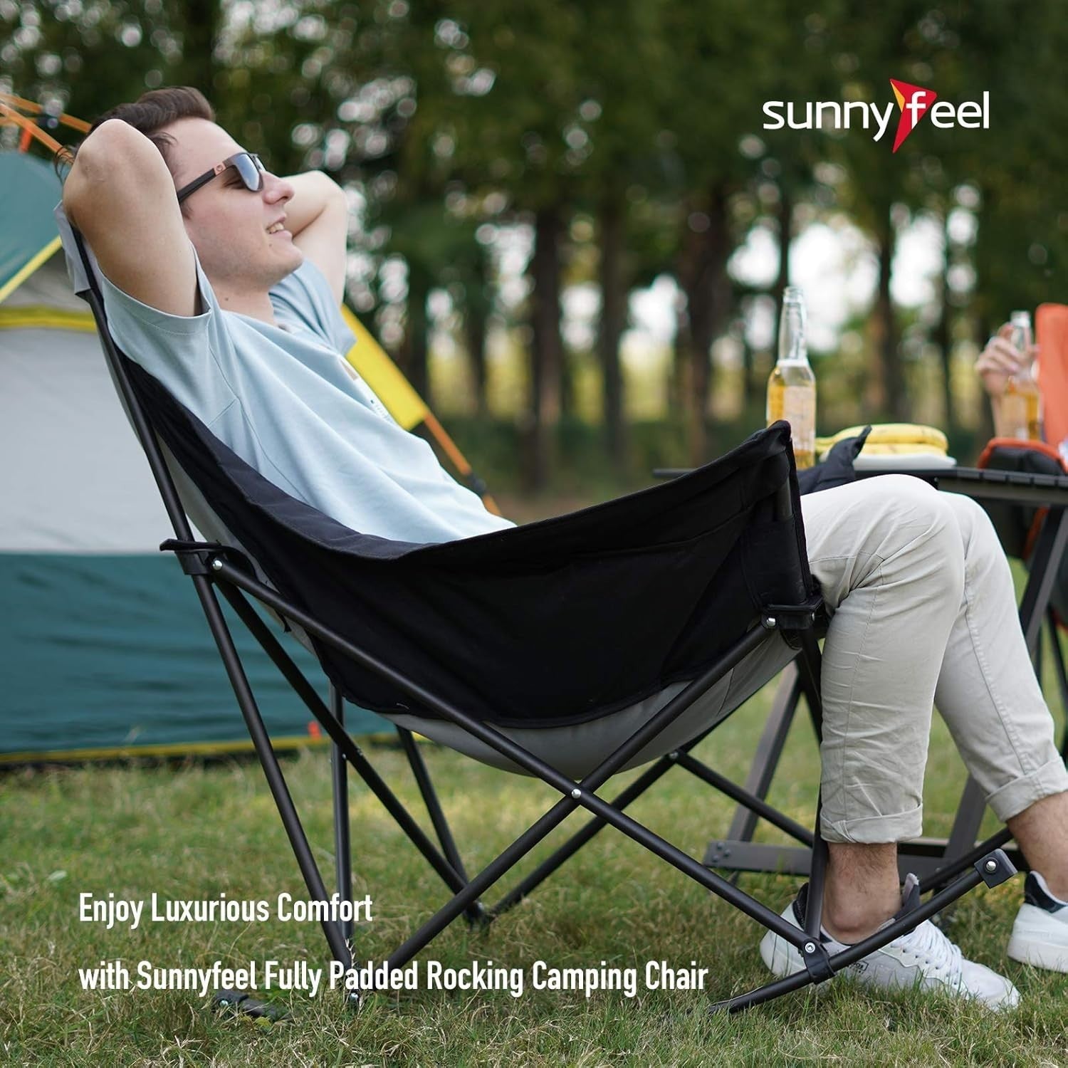 Heavy Duty Folding Rocking Chair Outdoor Recliner with Side Pockets 107x96cm