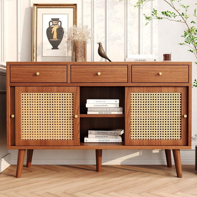 Retro Rattan Sideboard Cabinet 3 Drawer 3 Door Wooden Storage for Living Room