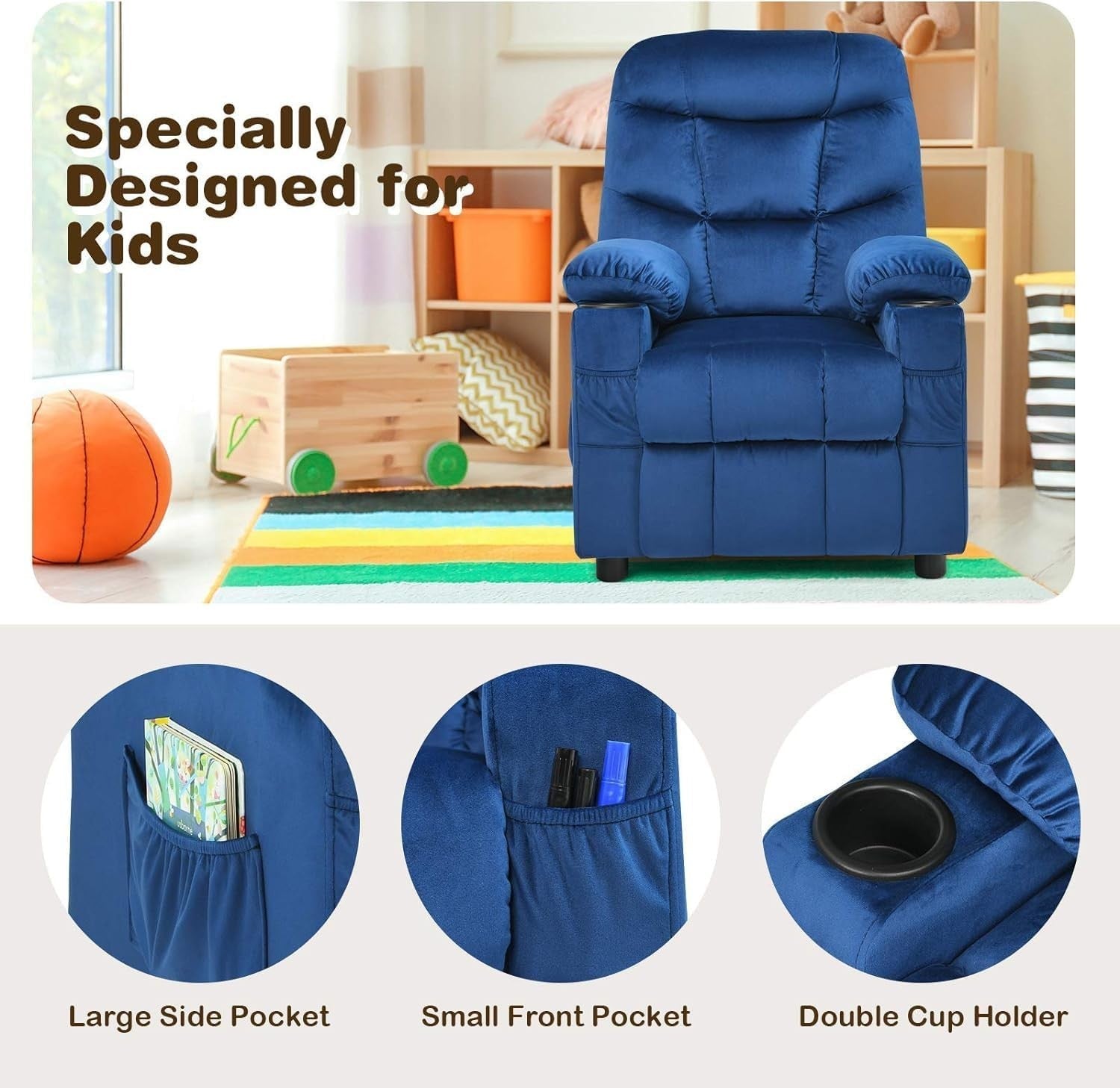 Adjustable Kids Recliner Chair Blue w/ Footrest, Velvet, Cup Holders & Storage