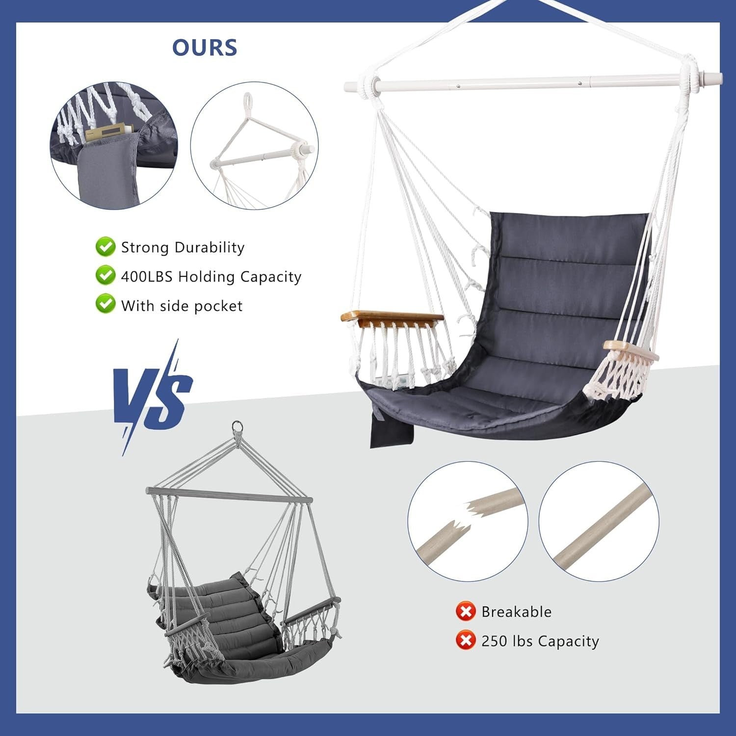 350lbs Hanging Hammock Chair with Armrest & Pocket | Indoor Outdoor Swing Seat